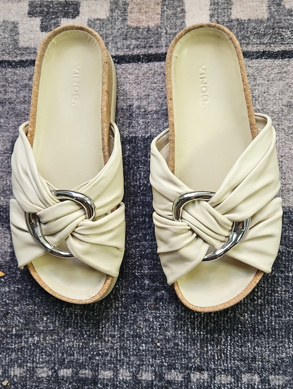 Vince Cream Knotted Slide Mules with Silver Ring